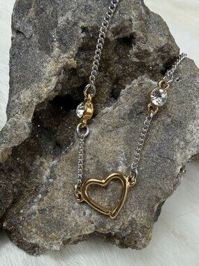 Lia Sophia Open Heart w/ Rhinestone Gold & Silver Tone Anklet Bracelet